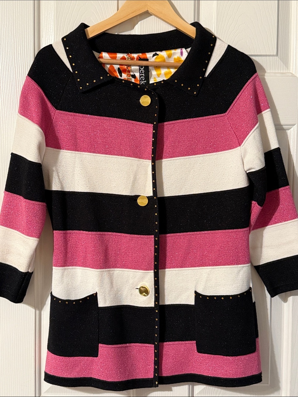 Berek Pink and Black Metallic Striped Cardigan Top Medium